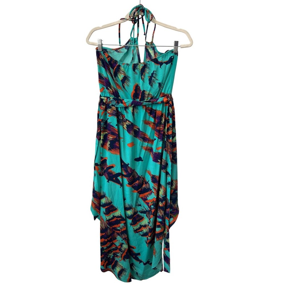 Glam Printed Halter High Low Dress Size Small Sleeveless Turquoise Multi Summer